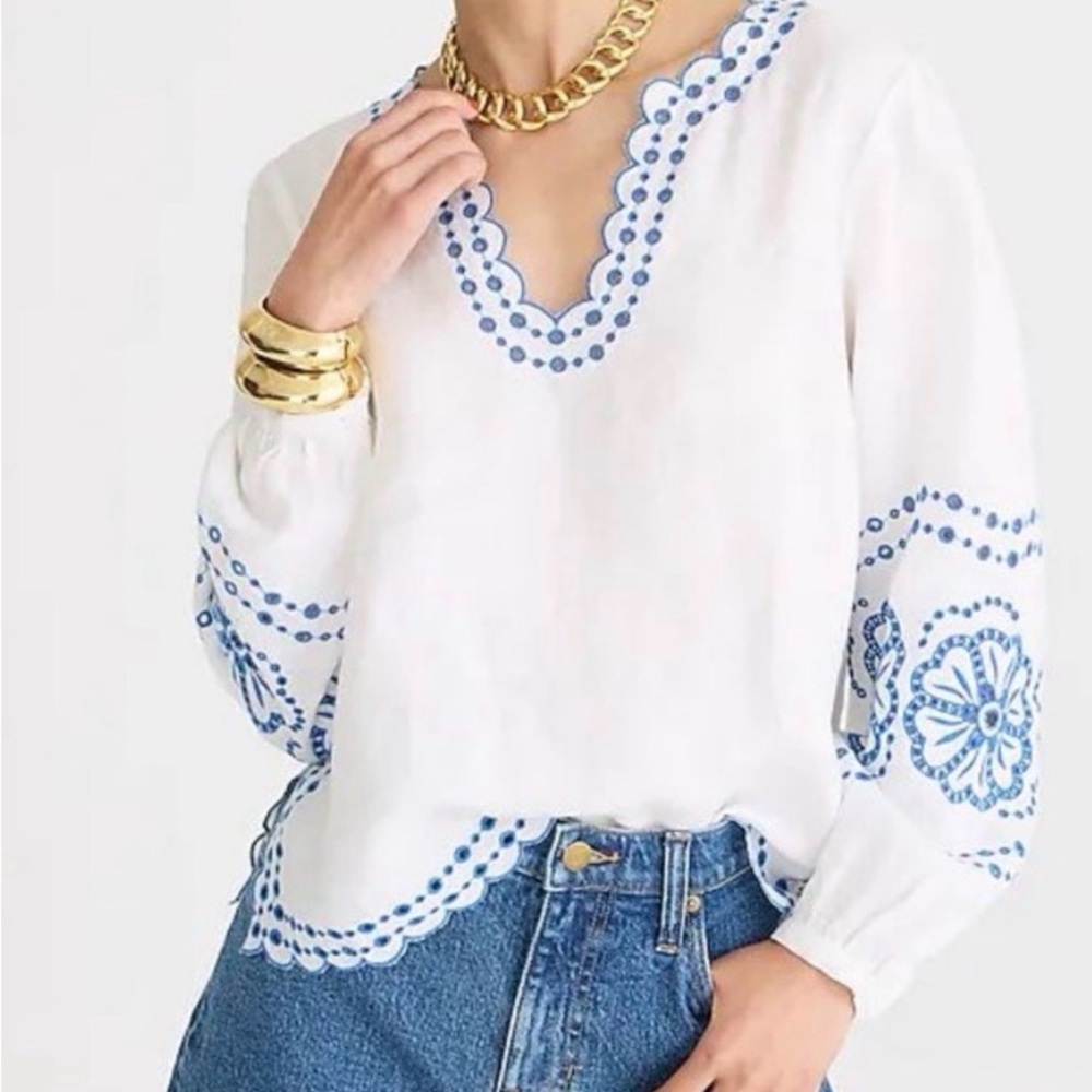 J. Crew Bungalow embroidered top in linen